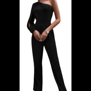 Black One Shoulder Cut Out Long Sleeve Wide Leg Jumpsuit